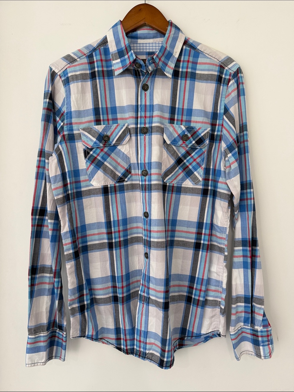 Ben Sherman Blue, White and Red Plaid Button-Down Shirt